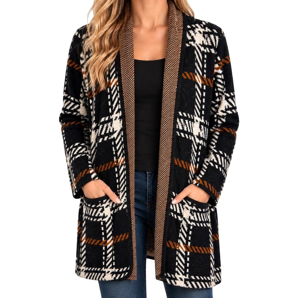 Habitat Sz Medium Open Front Winter Knit Plaid Sweater Jacket Shirt Top Holiday
